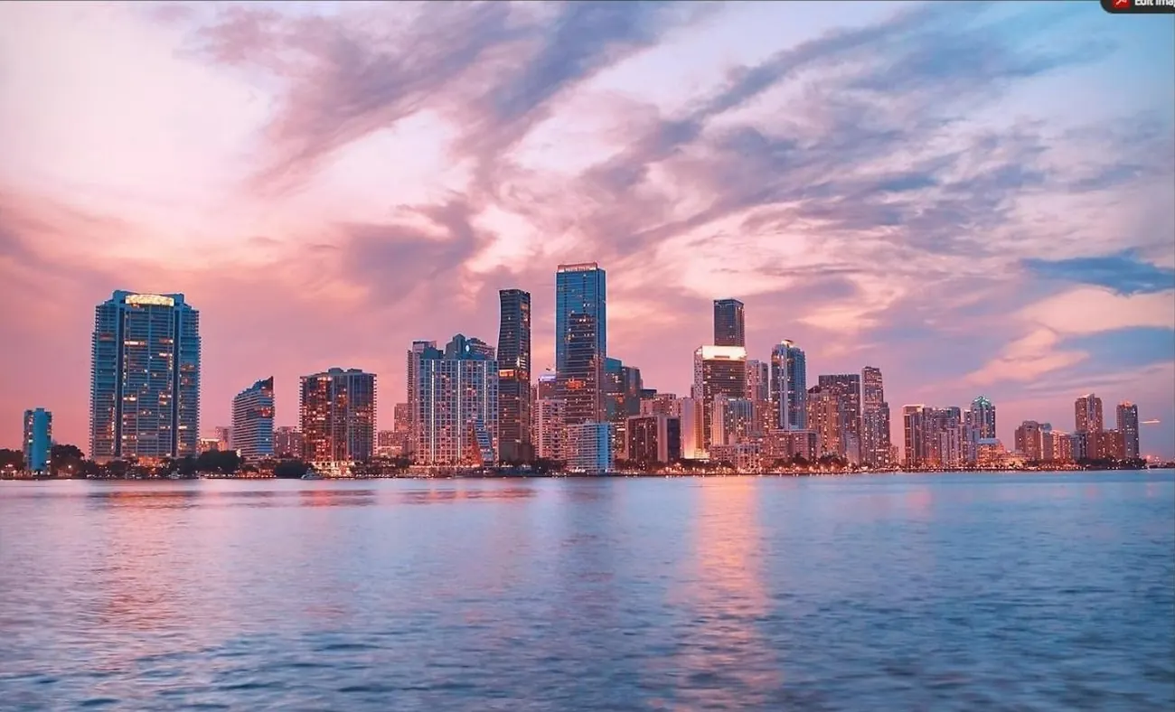 Brickell and downtown Miami skyline over Biscayne Bay at sunset